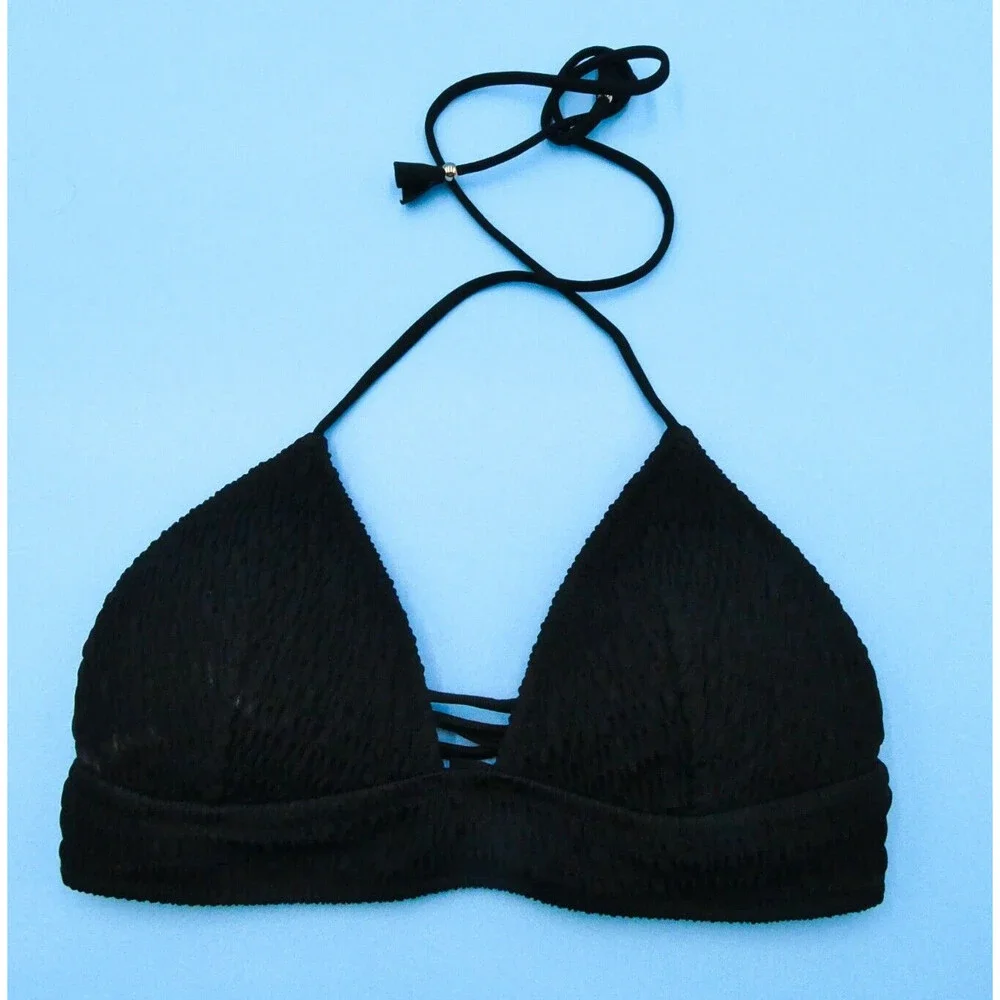 Victorias Secret Medium Black Triangle Halter Ruched Fabric Bikini Top Swimwear‎